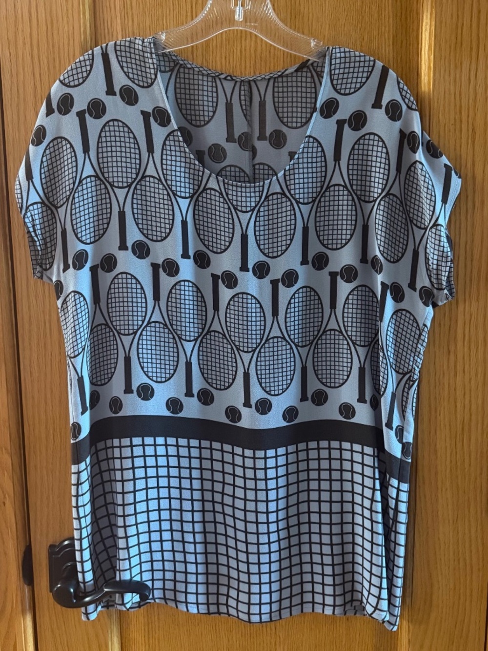 Cute Summer Short Sleeve Top Tee Shirt with Tennis Rackets & Balls on Pale Blue